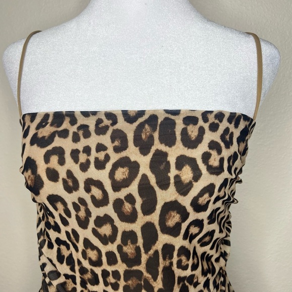 GOOD AMERICAN Tan & Black Leopard Sleeveless Ruched Mesh Midi Dress Sz L NWT - Picture 7 of 16
